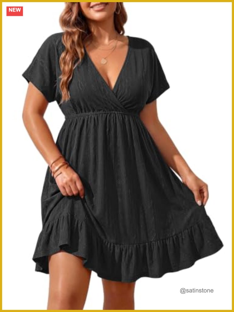 Plus Size Swimwear Cover Up Short Sleeve Ruffled Beach Dress Surplice V-Neck